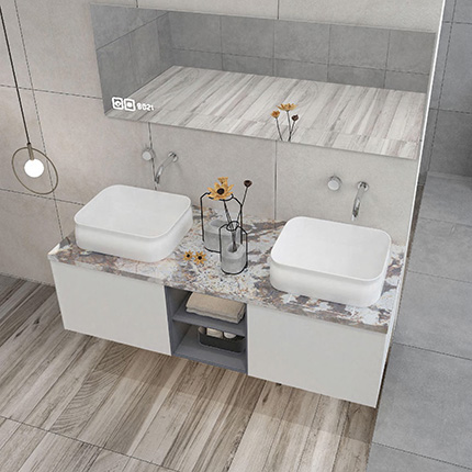El gabinete de baño Nanoglass se puede personalizar de acuerdo con el color y el estilo del espacio del baño.