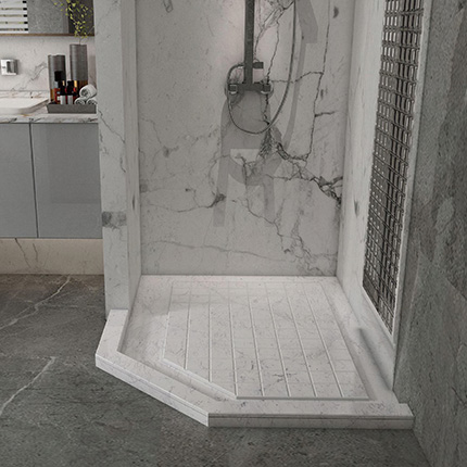 Nanoglass Shower Stone can be slotted into different grids to achieve slip resistance.